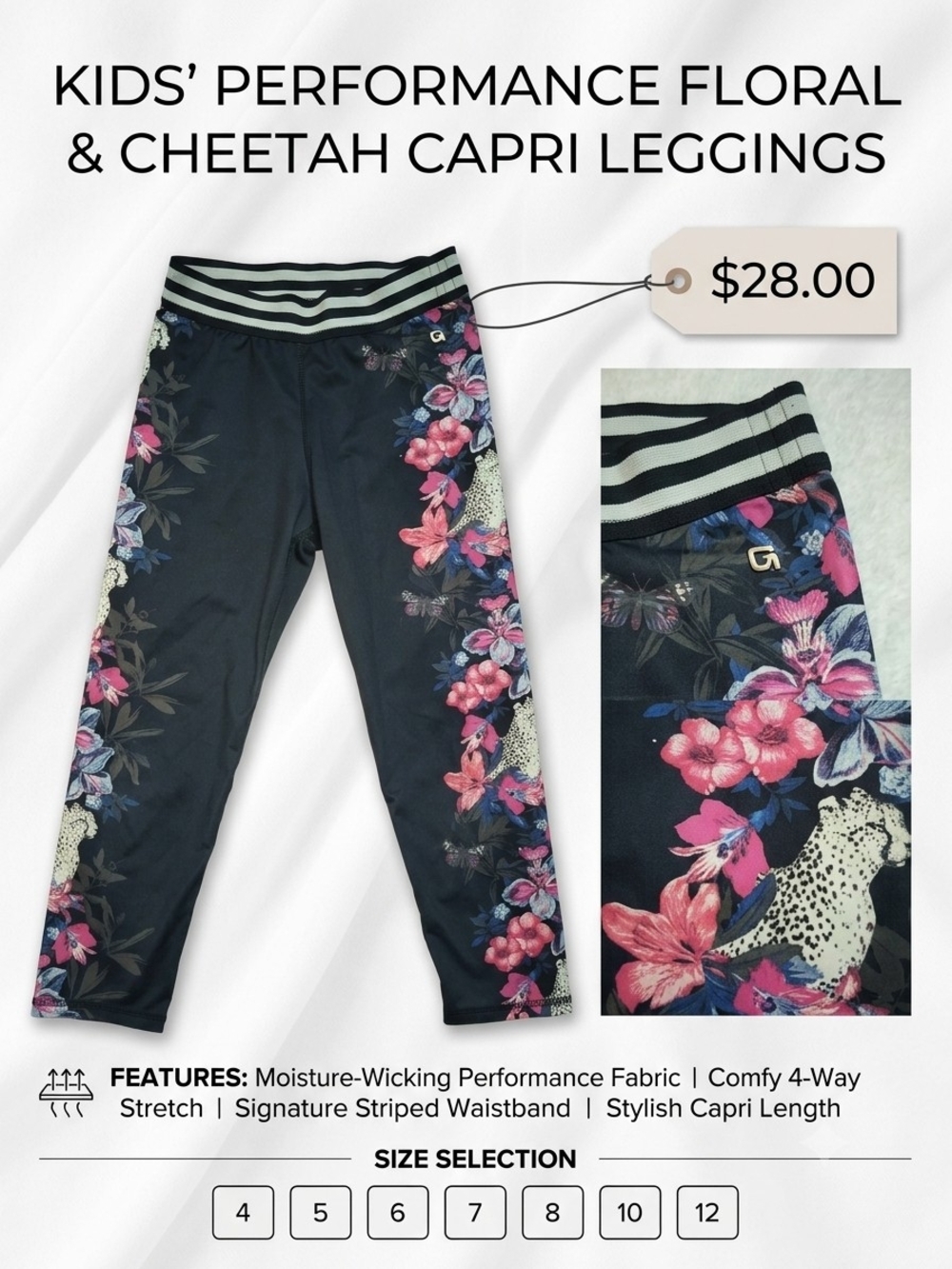 GAP Black Capri Leggings with Pink & Blue Floral Cheetah Print  (Size Large)